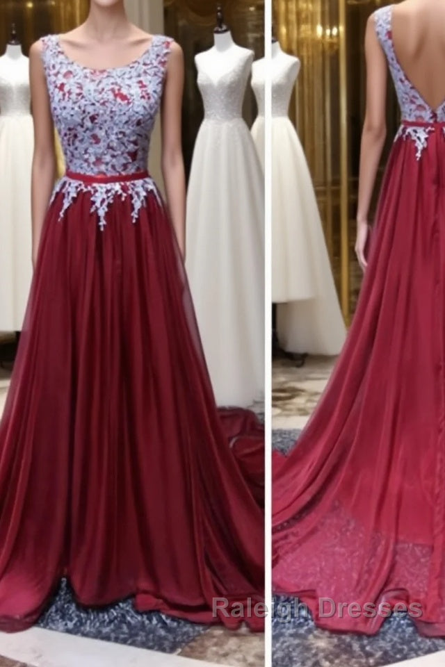 A Line Open Back Lace Burgundy Prom Dresses, Burgundy Formal Dresses Main image
