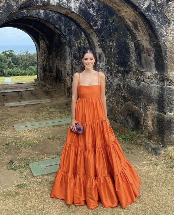 A-Line Orange Long Prom Dresses Fashion Prom Dresses