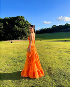 A-Line Orange Prom Dress Long V Neck Prom Dresses Outfits