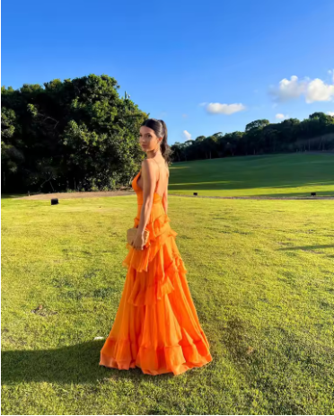 A-Line Orange Prom Dress Long V Neck Prom Dresses Outfits