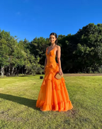 A-Line Orange Prom Dress Long V Neck Prom Dresses Outfits