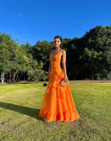 A-Line Orange Prom Dress Long V Neck Prom Dresses Outfits