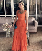 A-Line Orange Modest Prom Long Women Prom Dress