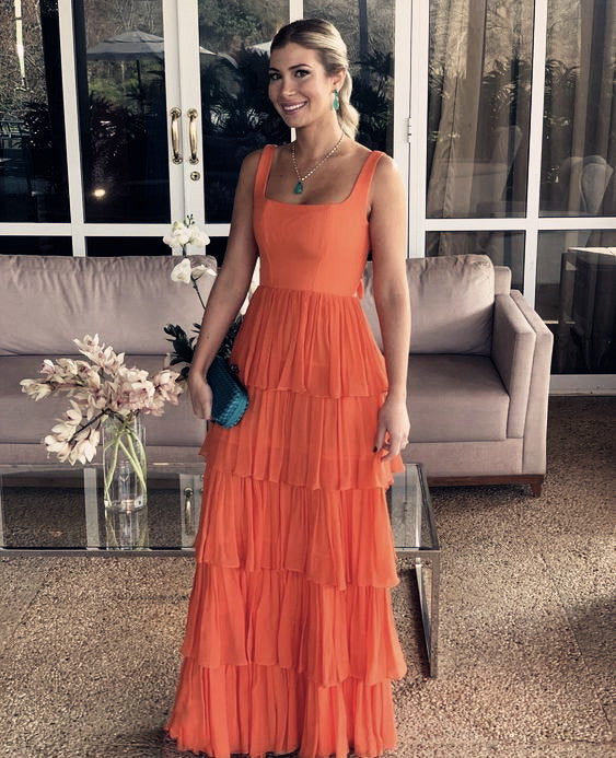 A-Line Orange Modest Prom Long Women Prom Dress