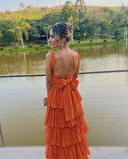 A-Line Orange Modest Prom Long Women Prom Dress