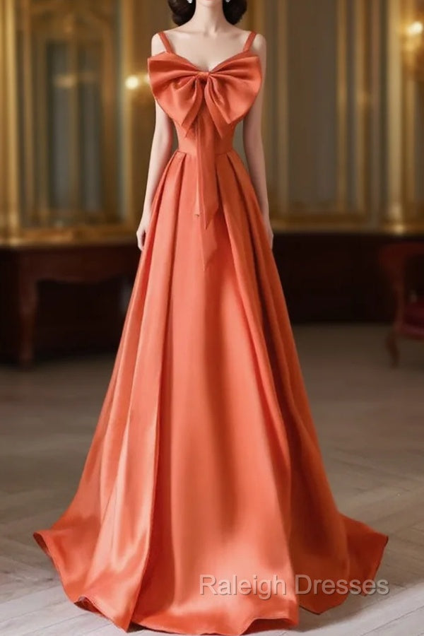 A-Line Orange Satin Long Prom Dress, Orange Long Evening Dress