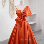 A Line Orange Satin Prom Dress Sweet Bow Birthday Party Dress