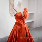A Line Orange Satin Prom Dress Sweet Bow Birthday Party Dress