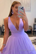 A Line Orange V Neck Tulle Long Prom Dress