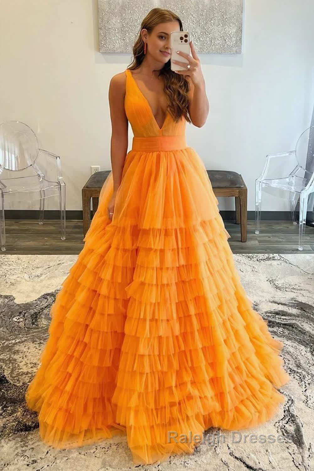 A-line Orange V-Neck Tulle Long Prom Dress Main image