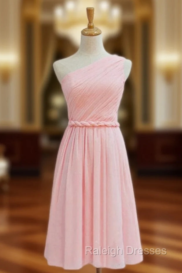 A Line Pink Chiffon One Shoulder Pleats Short Bridesmaid Dresses