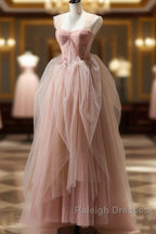 A Line Pink Corset Long Tulle Prom Dress With Ruffles