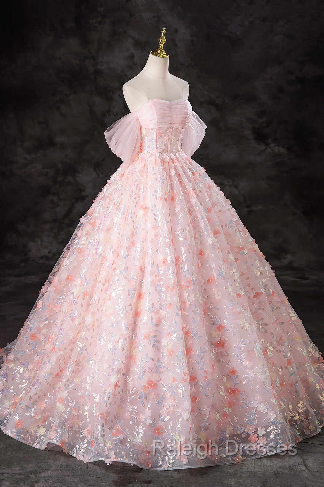 A-Line Pink Flowers Tulle Long Princess Dress, Off the Shoulder Formal Evening Dress Secondary image