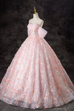 A Line Pink Flowers Tulle Long Princess Dress, Off the Shoulder Formal Prom Dress