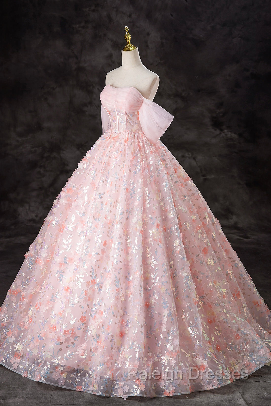 A Line Pink Flowers Tulle Long Princess Dress, Off the Shoulder Formal Prom Dress