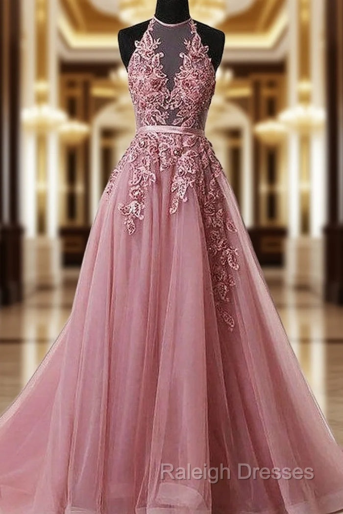 A-Line Pink Halter Sleeveless Applique Tulle Prom Dress