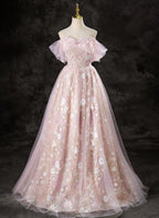 A-Line Pink Lace And Tulle Sweetheart Prom Dresses Pink Tulle Prom Dresses