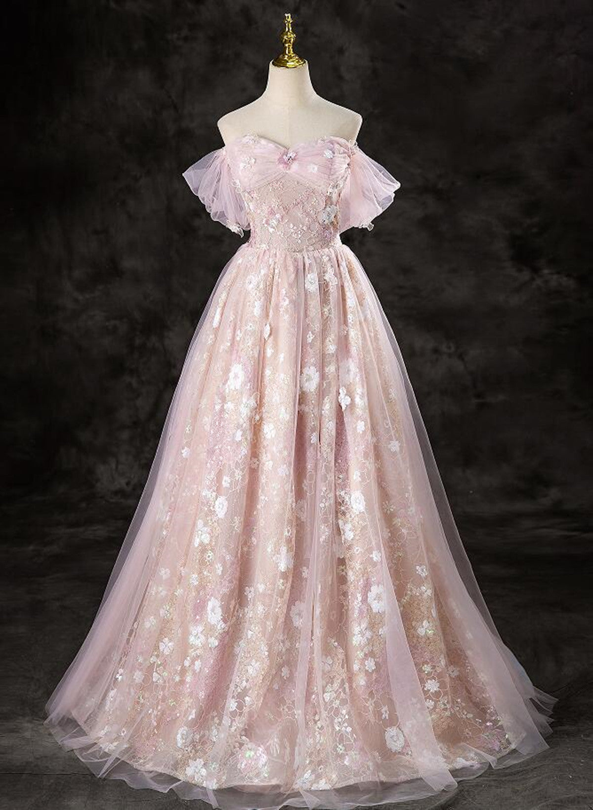 A-Line Pink Lace And Tulle Sweetheart Prom Dresses Pink Tulle Prom Dresses