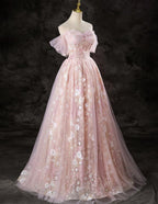 A-Line Pink Lace And Tulle Sweetheart Prom Dresses Pink Tulle Prom Dresses