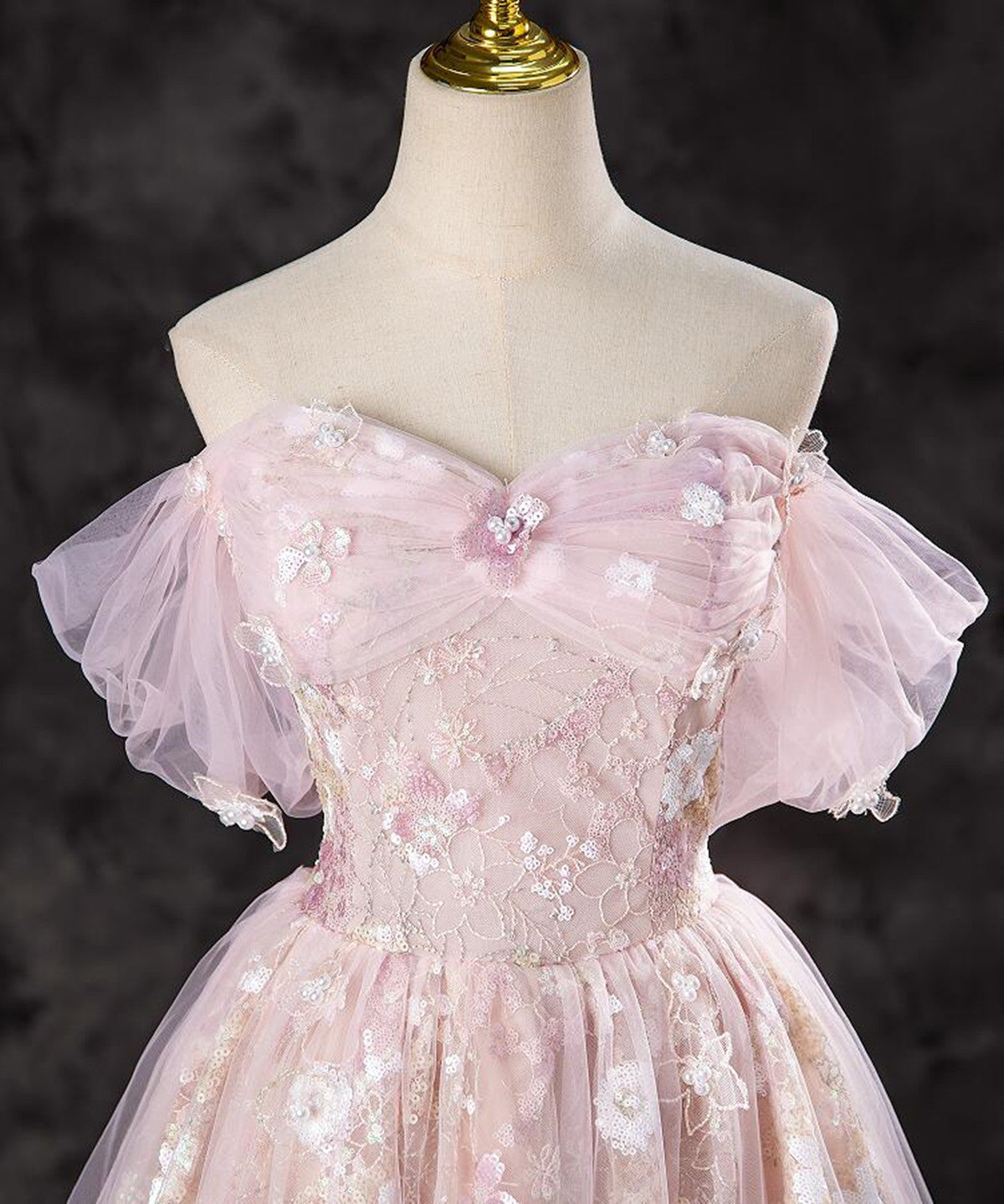 A-Line Pink Lace And Tulle Sweetheart Prom Dresses Pink Tulle Prom Dresses