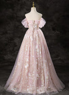 A-Line Pink Lace And Tulle Sweetheart Prom Dresses Pink Tulle Prom Dresses