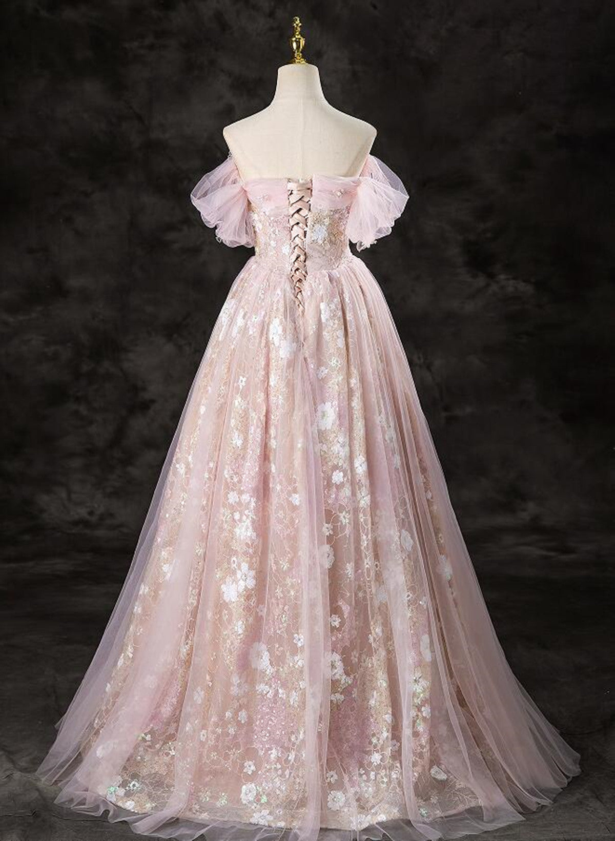 A-Line Pink Lace And Tulle Sweetheart Prom Dresses Pink Tulle Prom Dresses