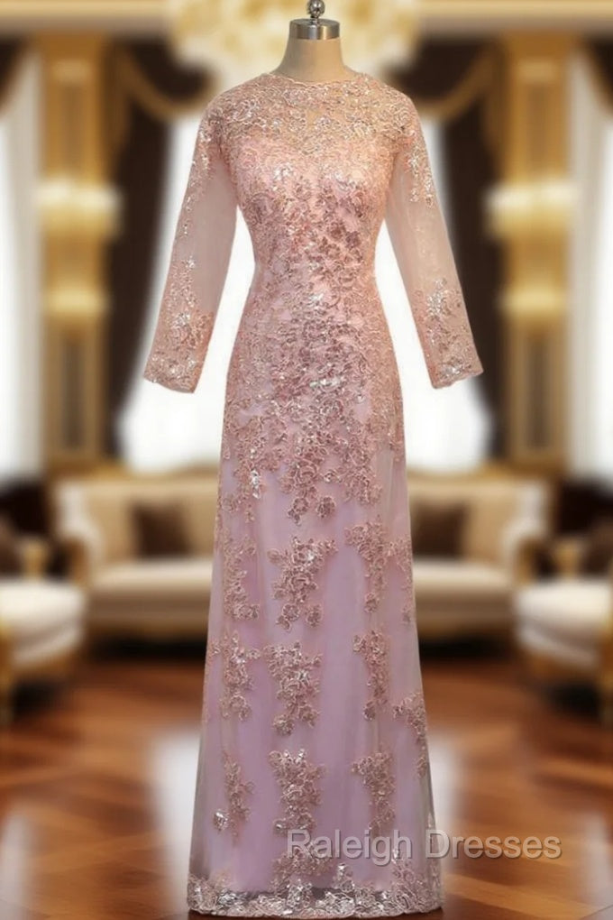 A-line Pink Lace Long Sleeves Appliques Mother Of The Bride Dresses Main image