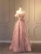 A-Line Pink Long Prom Dresses Glam Prom Dresses Prom Gowns