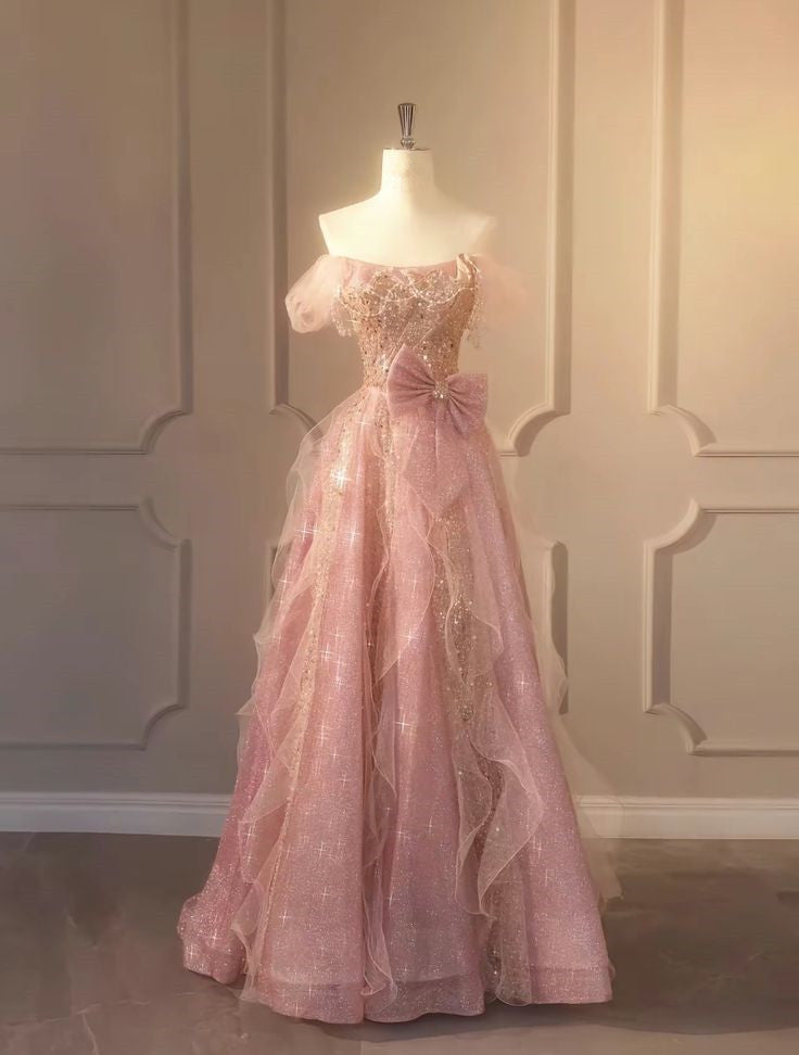 A-Line Pink Long Prom Dresses Glam Prom Dresses Prom Gowns