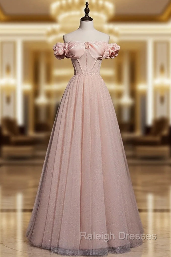 A line Pink Long Prom Dresses, Pink Tulle Formal Graduation Dresses With Beading