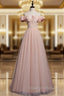 A line Pink Long Prom Dresses, Pink Tulle Formal Graduation Dresses With Beading