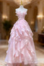 A Line Pink Long Prom Dresses,Strapless Evening Gown