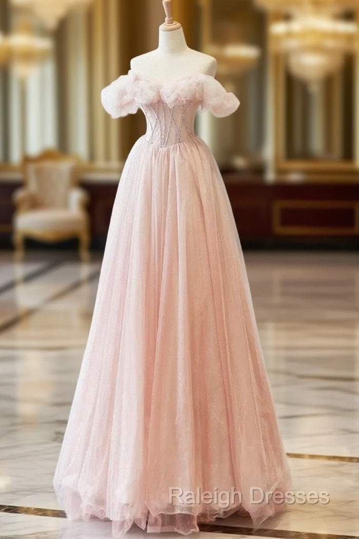 A-line Pink Off Shoulder Beaded Sweetheart Party Dress, Pink Tulle Prom Dress Main image