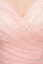 A-line Pink Off Shoulder Lace Prom Dresses