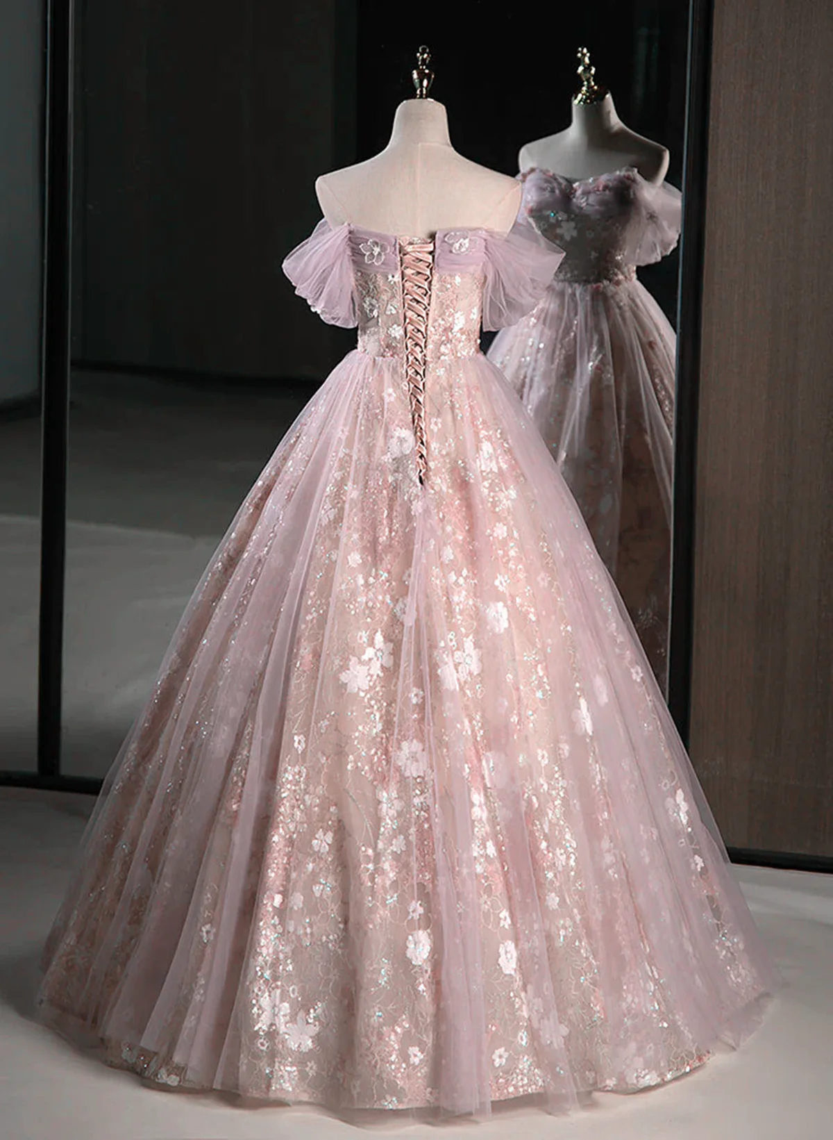 A-Line Pink Off Shoulder Sweetheart Lace And Tulle Prom Dresses Pink Prom Dresses