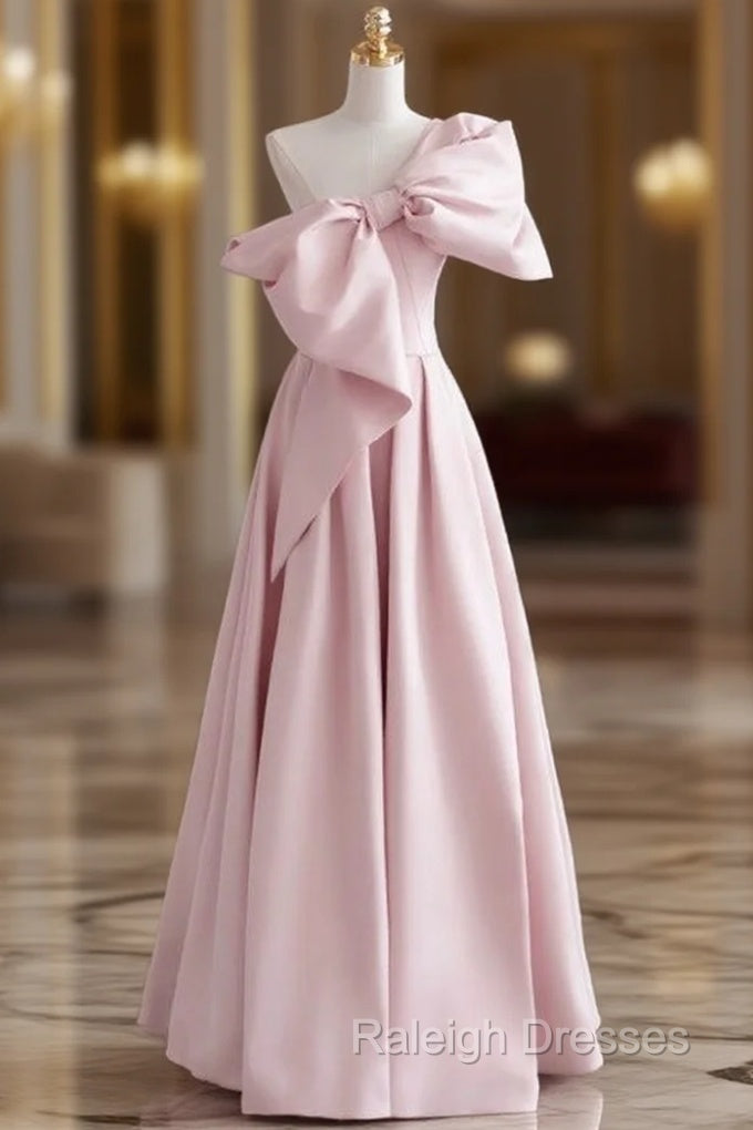 A Line Pink One Shoulder Bow Prom Dresses Main image