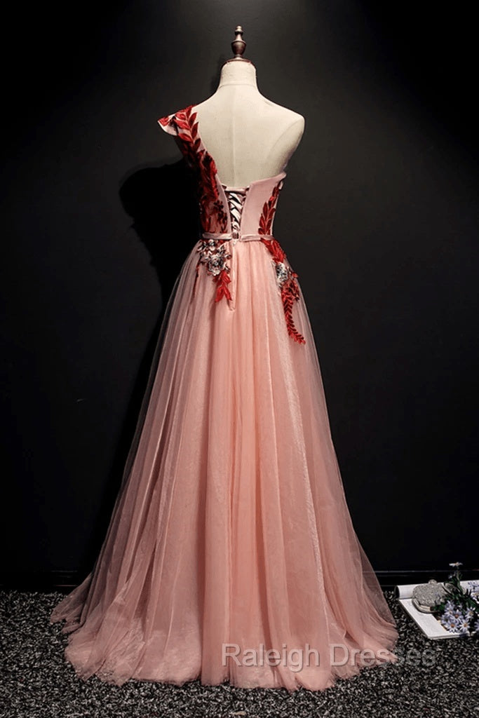 A Line Pink One Shoulder Tulle Red Applique Long Prom Dress Evening Dress