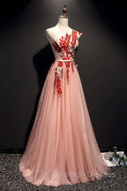 A Line Pink One Shoulder Tulle Red Applique Long Prom Dress Evening Dress