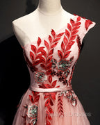 A Line Pink One Shoulder Tulle Red Applique Long Prom Dress Evening Dress