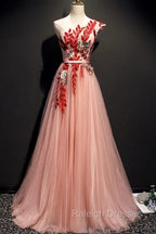 A Line Pink One Shoulder Tulle Red Applique Long Prom Dress Evening Dress