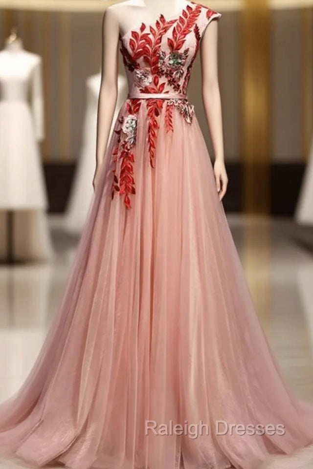 A Line Pink One Shoulder Tulle Red Applique Long Prom Dress