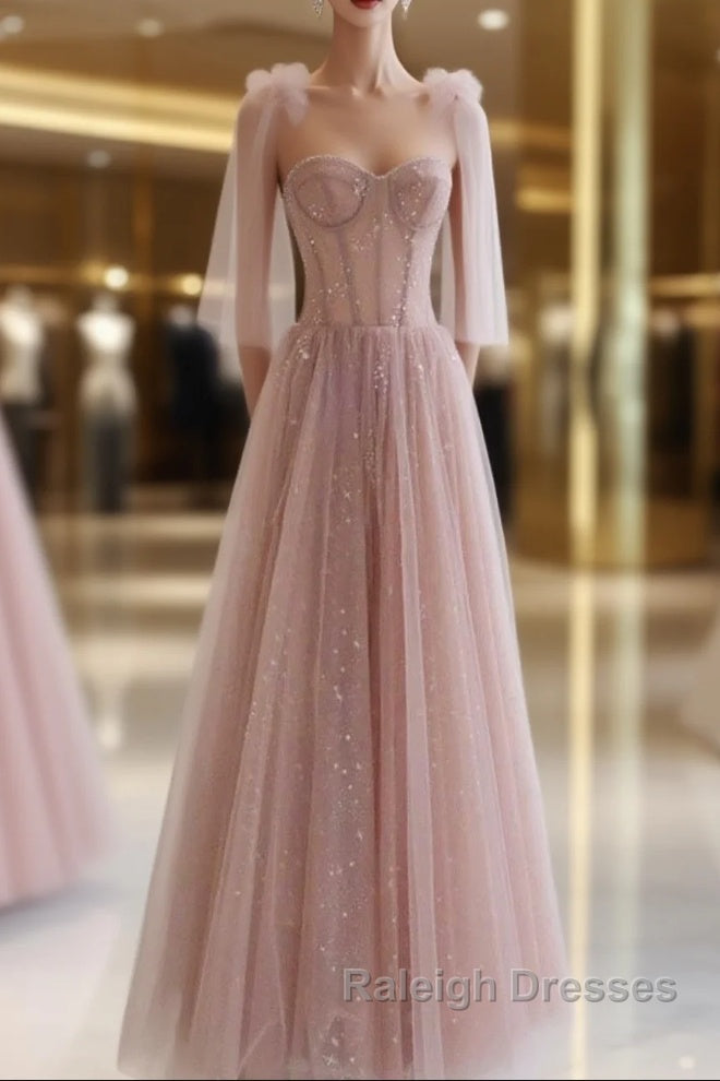 A-Line Pink Round Neck Tulle Long Prom Dresses, Pink Formal Evening Dress Main image