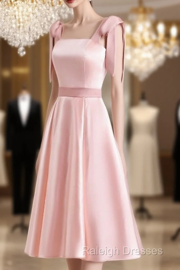 A-Line Pink Satin Short Prom Dresses Homecoming Dresses With Tie Shoulders