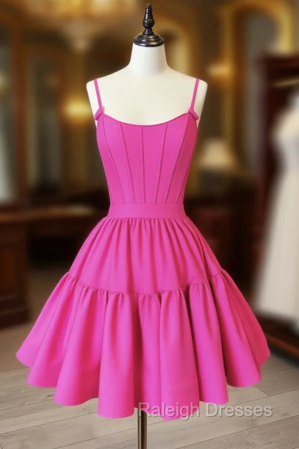 A Line Pink Satin Short Prom Dress, Backless Cute Pink Homecoming Dress Main image