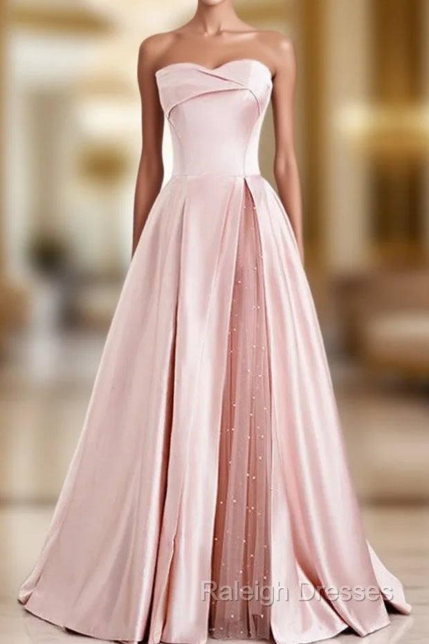 A-Line Pink Satin Strapless Pleats Long Prom Dress