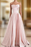 A-Line Pink Satin Strapless Pleats Long Prom Dress