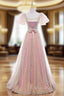 A Line Pink Sequins Puff Sleeve Prom Dresses