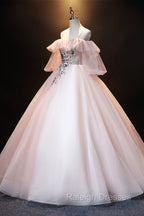 A-Line Pink Spaghetti Straps Long Prom Dress, Pink Lace Formal Evening Dress