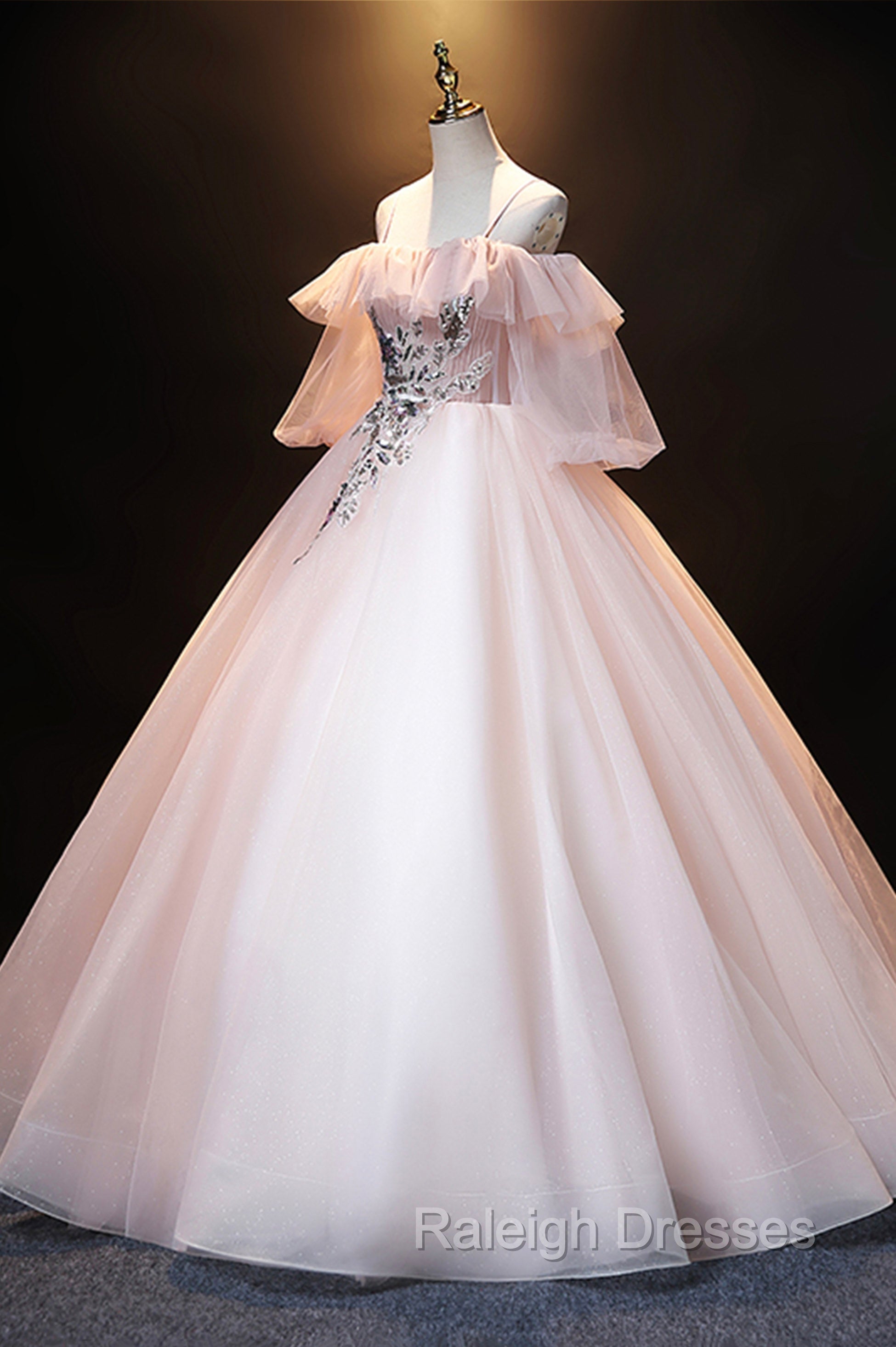 A-Line Pink Spaghetti Straps Long Prom Dress, Pink Lace Formal Evening Dress