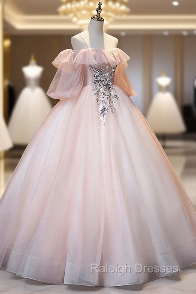 A-Line Pink Spaghetti Straps Long Prom Dress, Pink Lace Formal Evening Dress